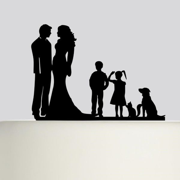 

свадебный торт топпер, невеста и жених с мальчик и девочка собака и кошка силуэт топпер, ознаменовать свадебный торт топпер украшения