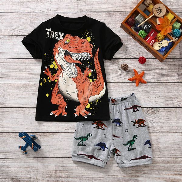 

summer toddler boy kids clothes lion print short sleeve cartoon dinosaur print t shirt shorts baby set boy clothes outfit, White