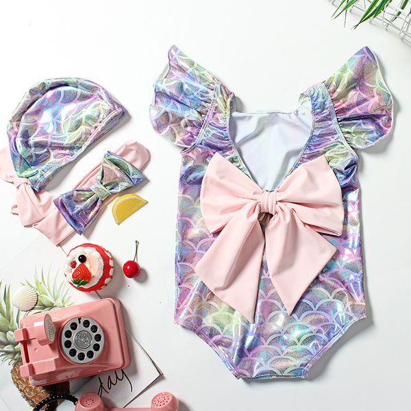 

kids girl mermaid scale swimwear one-piece ruffle sleeve backless big bowknot with hat headband swimsuit bodysuit, Black