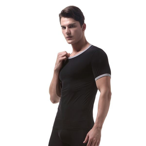 

newly men ultrathin t-shirts short sleeves round neck smooth seamless male do99, Black;brown