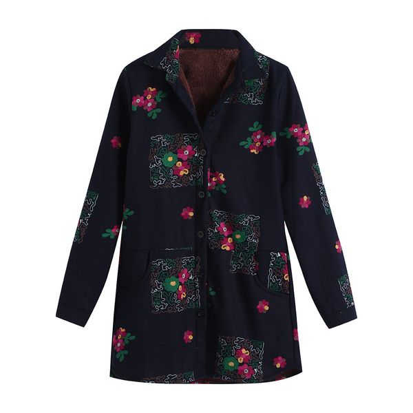 

new fashion women cotton linen winter warm plus velvet coat folk-custom print outcoat jacket coat women winter, Black