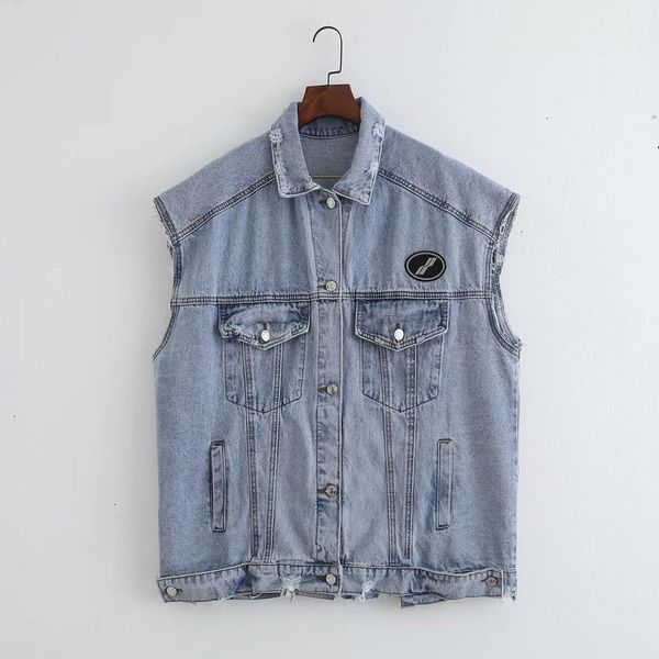 

koop qq70-086 europese en amerikaanse mode letters borduren denim vest jas, Black;white