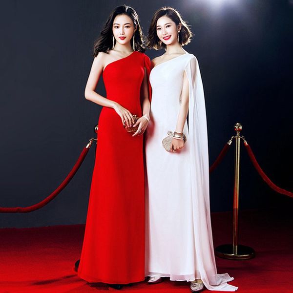 

elegant long women qipao solid slim cheongsam oriental ladies stage show performance dress one shoulder clothes size xs-xxl, Red
