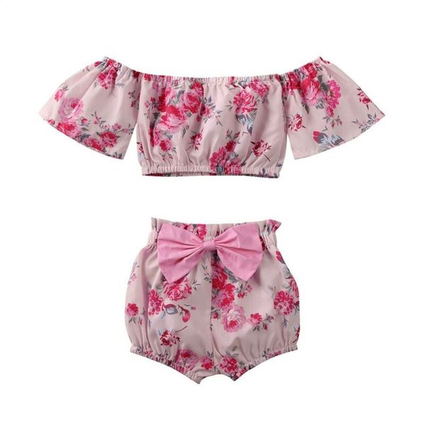 

2pcs newborn baby girl off shoulder flower romper shorts pants outfit clothes, White