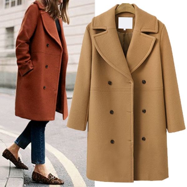 

long coats woman autumn winter solid double breasted long sleeve female coat 2019 elegant wide-waist cashmere, Black;brown
