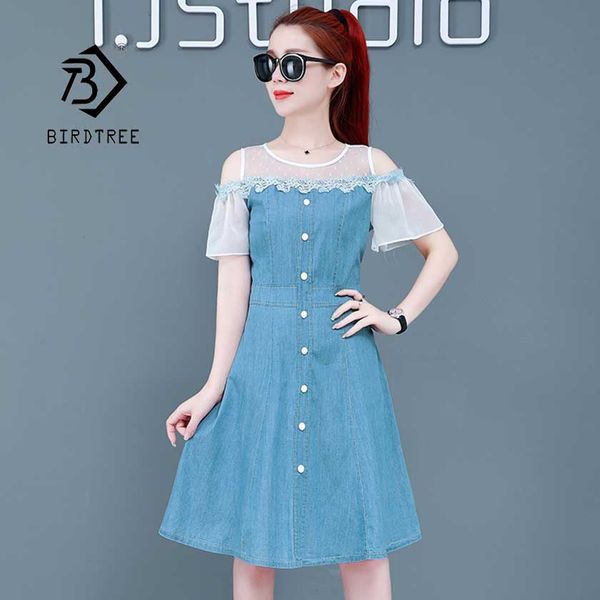 

2019 women lace flower patchwork denim loose dresses hollow slash neck button female jeans casual vestido d95808z, Black;gray