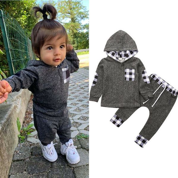 

0-4y toddler baby boy clothes sets plaid long sleeve hoodie sweatshirt pants outfits tracksuit, White