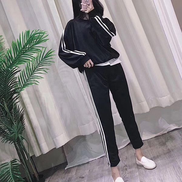 

women autumn lady long sleeve set long pants stripe casual outfit sportswear, Black;blue