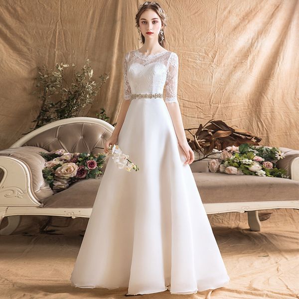 

lace appliques a line wedding dresses with half sleeves 2019 bridal dress with crystal new wedding gowns, White