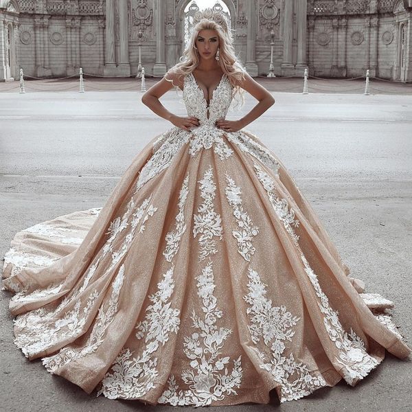 

luxury lace ball gown wedding dresses deep v neck beaded bridal gowns sequined tulle chapel train appliqued robes de mariÃ©e, White
