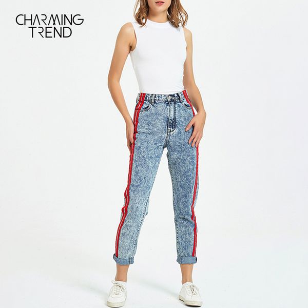 

charmingtrend women's denim trousers snowflake loose blue splice ribbon pants jeans for female high waist straight jeans ladies