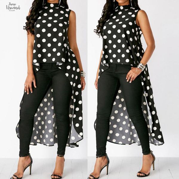 

летние топы блузки женщины 2019 женщин способа вскользь o шеи полька dot black high low для шифонового tops, White