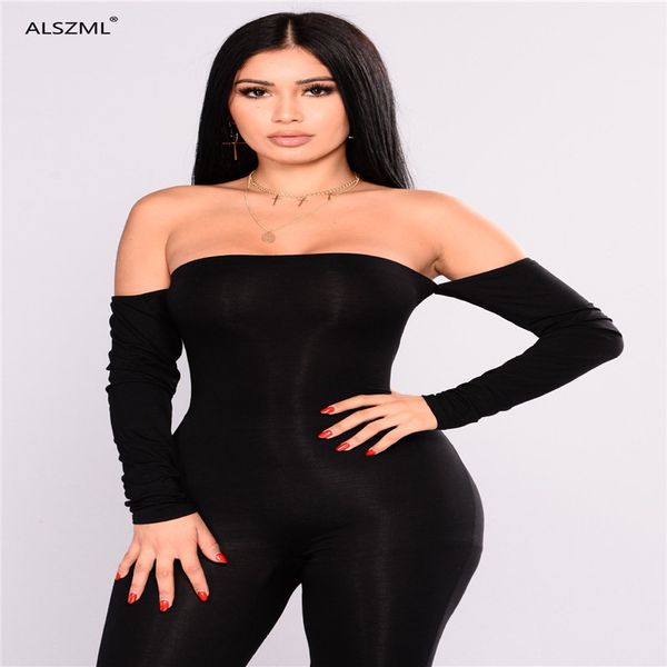 

new design slash neck black rompers women full sleeve skinny rompers women jumpsuit female long pant, Black;white