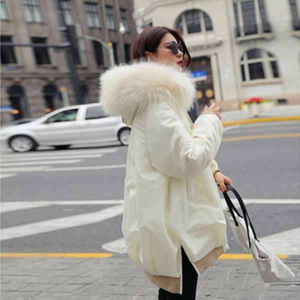 

women down jacket new winter hooded fur collar medium long duck down outerwear loose large size solid color warm coat parka, Black