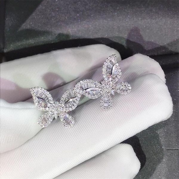 

drop shipping luxury jewelry 925 sterling silver sparkling princess white z diamond popular party women wedding butterfly stud earring, Golden;silver