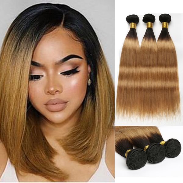 

beyo malaysian straight hair bundles 100% ombre human hair 3 bundle deals two toneÂ 1b/27 honey blonde color 12-24 inch remy hair extension, Black