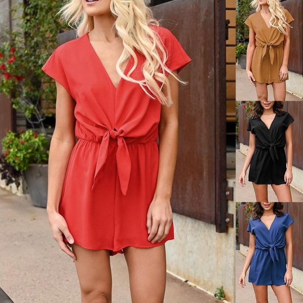 

2020 women jumpsuit overalls for women bandage romper solid color deep v neck loose conjoined shorts casual palysuits, Black;white