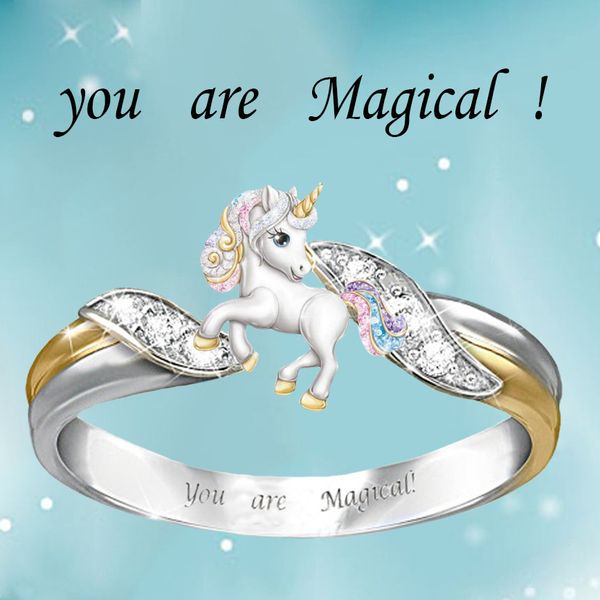 

2020 новый стиль вы волшебное кольцо прекрасный единорог двухцветное покрытие прозрачный кристалл группа кольцо для помолвки свадьба завод w, Golden;silver