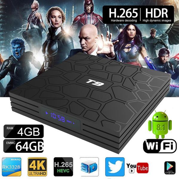 

t9 64gb android 8.1 smart tv box rk3328 quad core 4k hd media player 2.4g 5gb dual wifi set boxes