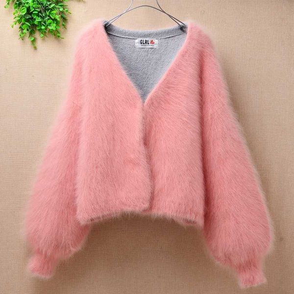 

women elegant winter short style loose plush v-neck mink cashmere cardigan long lantern sleeves angora fur sweater coat mantle, White