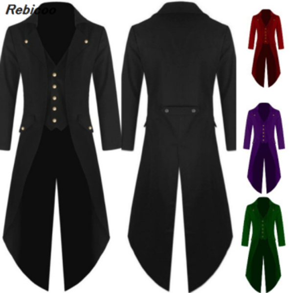 

men victorian costume black tuxedo fashion tailcoat gothic steampunk trench coat frock outfit overcoat uniform for men, Tan;black