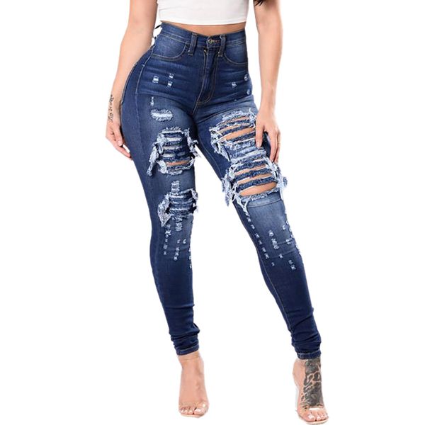 Cintura alta rasgado para calças femininas plus size jeans magros denim namorado rendas magro estiramento buracos lápis calças saco marca atacado