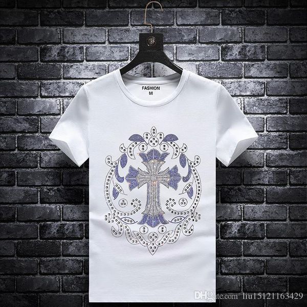 

summer european and american fashion brand cross rhinestone short-sleeved t-shirt men's fashion slim round neck net red half-sleeve, White;black