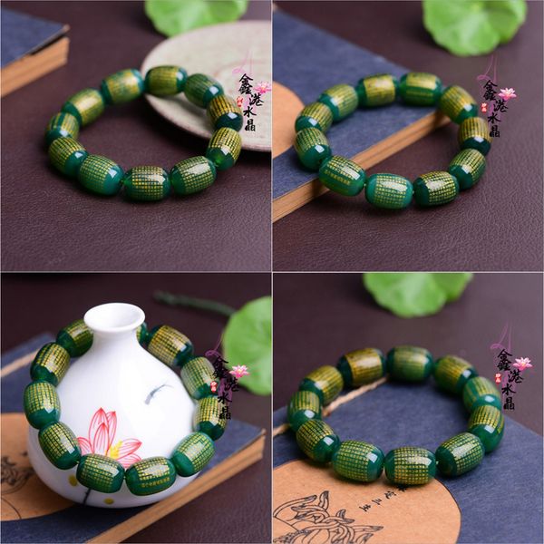 

natural green agate barrel bead bracelet exquisite engraving the heart sutra six word true words hand string tibetan beads bracelet, Black