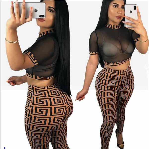 

womens brand 2 piece pants nightclubs ff t-shirt mesh set style pants print women suit short summer 2 piece new fashion, White