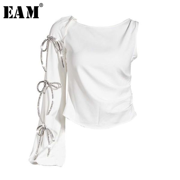 

eam] женщины стразы лук белый блуза новый вокруг шеи одного плеча сыпучие fit рубашка мода tide весна-лето 2020 1w333, White