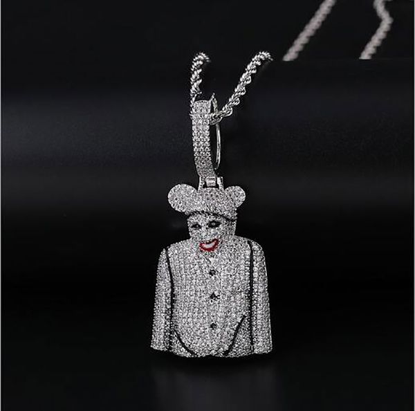 

iced out cz bling clown micky pendant necklace mens micro pave cubic zirconia simulated diamonds giftts necklace, Silver