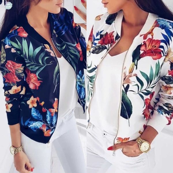 

floral jacket print women coat casual wide waisted zipper up bomber autumn long sleeve outwear womens coats ladies clothes, Black;brown