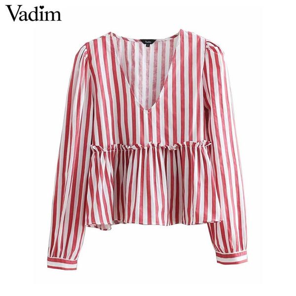 

vadim women red striped v neck blouse ruffles pleated long sleeve female casual shirts sweet summer chic blusas la894, White