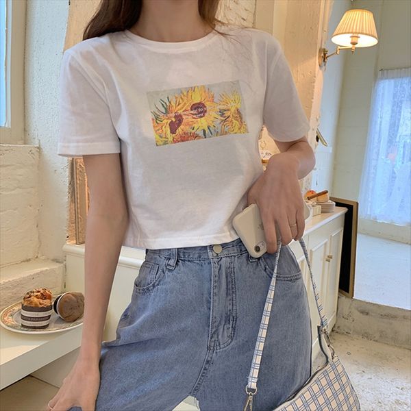 

2020 round collar short printed white short-sleeved t-shirt women's loose casual ins fashion 2020 round collar short printed white shor