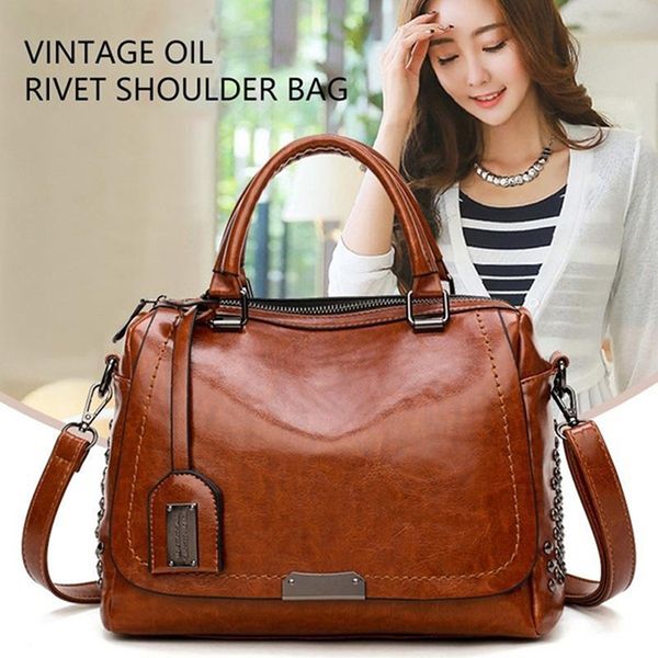 

vintage boston rivet oil wax leather luxury handbags women messenger bags designer shoulder bag female postman tote