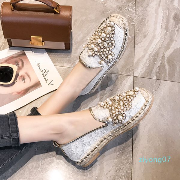 

women lace pearl slip ons loafers summer espadrilles rhinestone flat heel slides slippers z07, Black