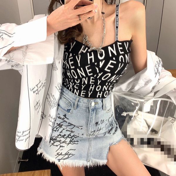 

letter print black tank cropped women all-matched bustier crop short mini tight bandage vest female streetwear l, White