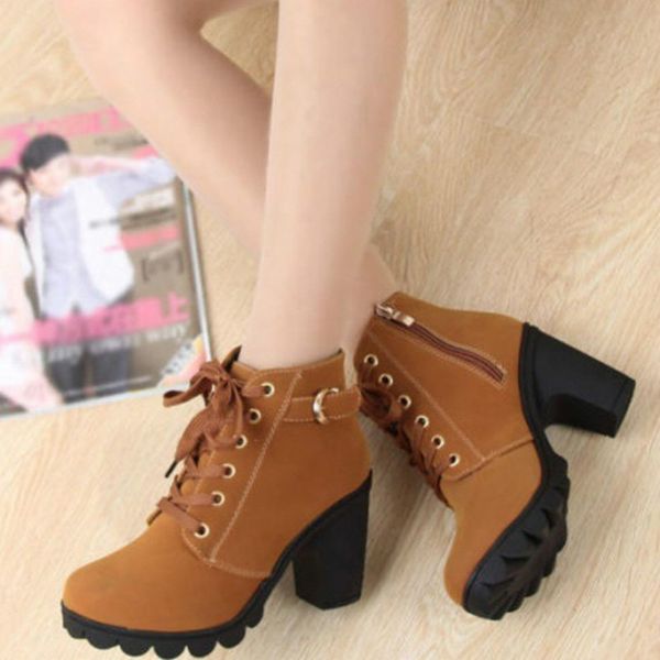 

ankle boots for women new elegant square heel shoes woman high heel solid vintage boots women lace-up ladies shoes size35-42, Black