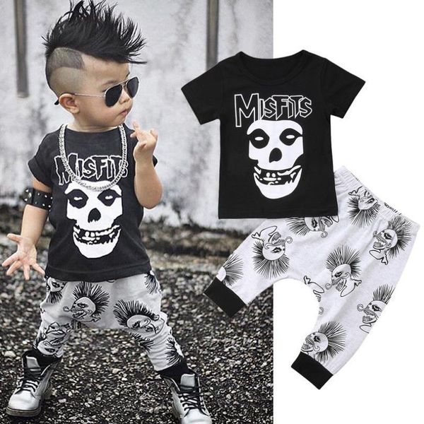 

2pcs newborn toddler baby boy clothes black skull print t-shirt + long pant outfit kids summer cotton clothing set 0-3y, White