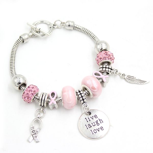 Neue Ankunft Großhandel Brustkrebs-Bewusstseins-Armband Pink Ribbon Live Laugh Love Charms Armband für Krebs Bijoux Pulsera