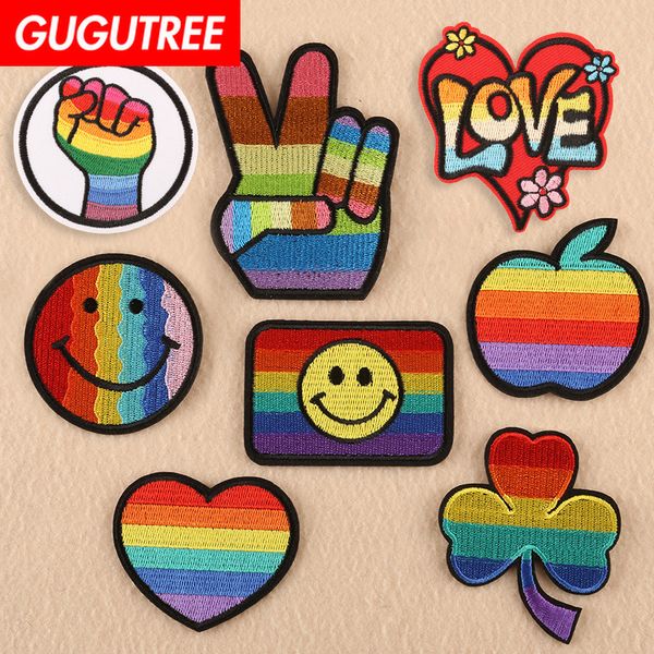 

gugutree one set embroidery rainbow smile love heart patch animal patches badges applique patches for clothing dk-85, Black