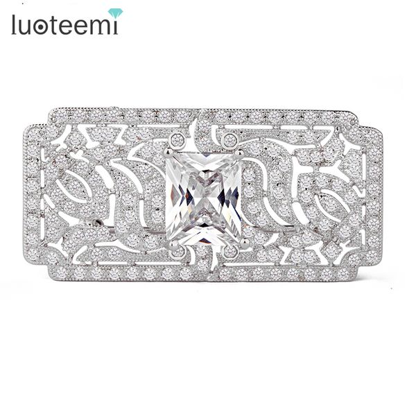 

classic vintage brooch luxury cubic zirconia rectangle brooch white-gold color brooch pins for women wedding jewelry luoteemi, Gray
