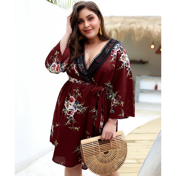 

europe and america summer new women's printed short sleeved v-neck dresses female's casual plus size dresses with belt, Black;gray