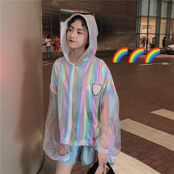 

oversize spring summer korean new women's clothing ulzzang perspective long sleeve rainbow thin hooded coats women jackets loose, Black;brown