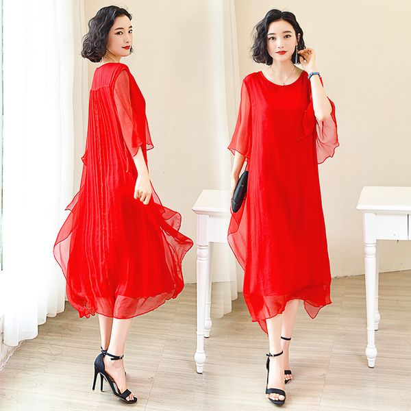 

casual dresses in long silk dress the summer of 2021 mother beach mulberry factory direct sale, Black;gray