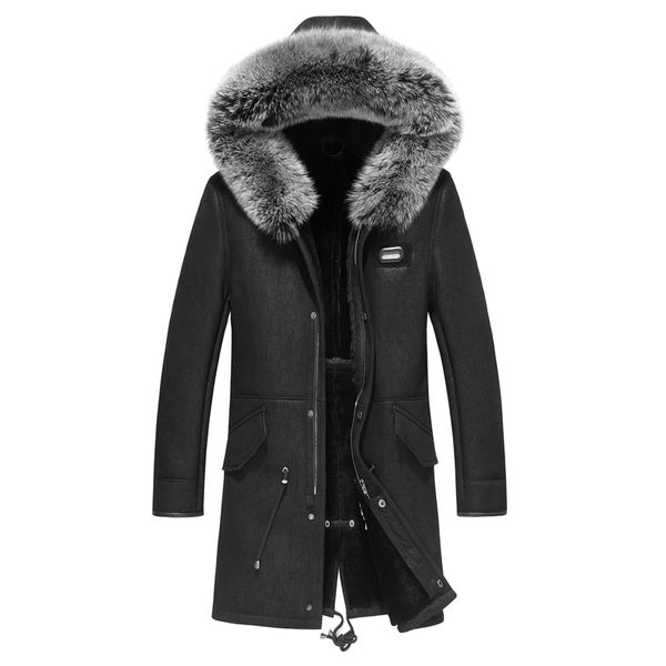 

men's leather & faux winter men real fur jacket parka sheep shearling genuine coat jaqueta de couro xz29c222 yy722, Black