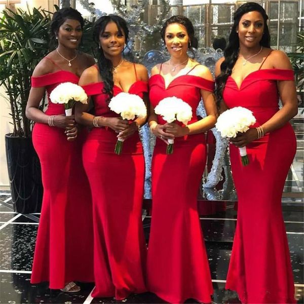 

2019 African Red Off The Shoulder Bridesmaid Dresses Floor Length Mermaid Evening Dresses Maid of Honor Gowns For Summer Wedding Guests