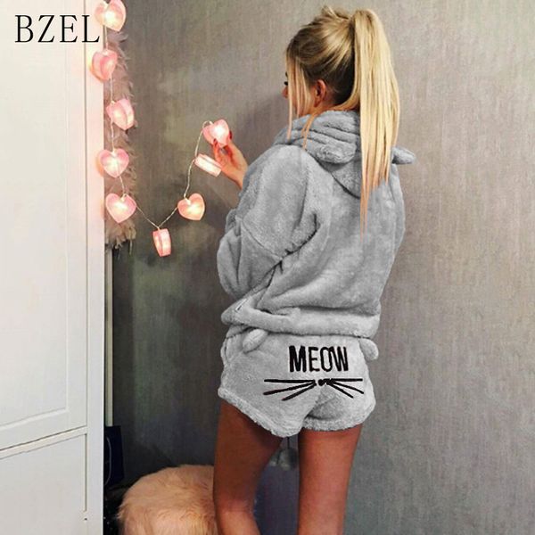 

bzel plus size s-3xl pajamas sets long sleeve sleepwear flannel pijama femme hooded cartoon cat nightwear sleep lounge pyjamas, Blue;gray