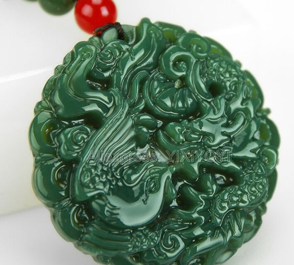 

красивый природный зеленый хотан jade резные китайский дракон phoenix amulet лаки подвеска + free ожерелье сертификат fine jewelry, Silver