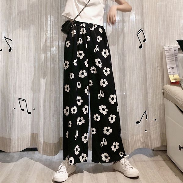

цветочные печати лето штаны женщины упругие талии брюки vintage wide leg штаны корейский сыпучие плюс размер тонкий harajuku новый y483, Black;white